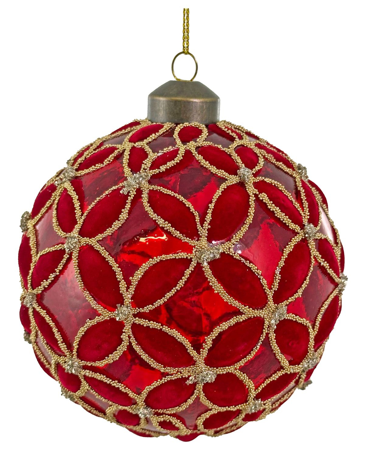 Bola de Vidro Veludo e contas douradas 10cm