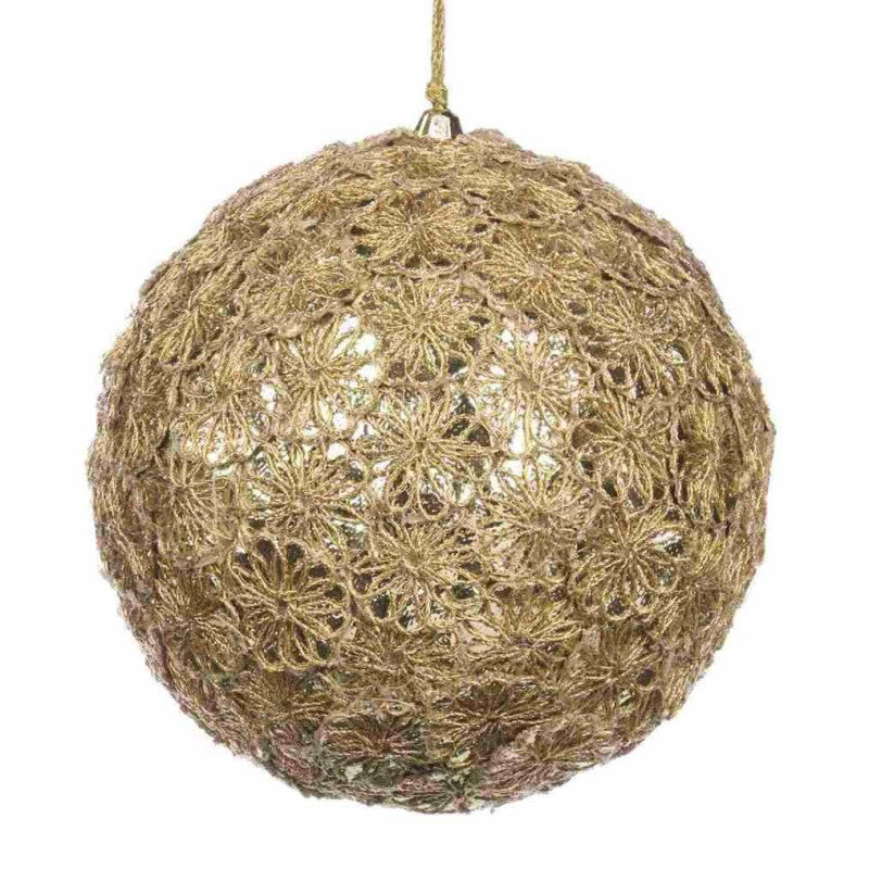 Penduro Bola Decorativa Rendilhada com Flores Dourada 13cm