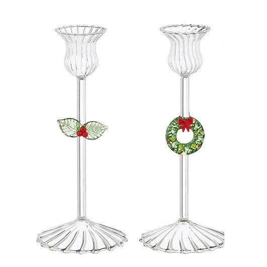 Castiçal Vidro c/ Coroa de Natal Sortido 18cm