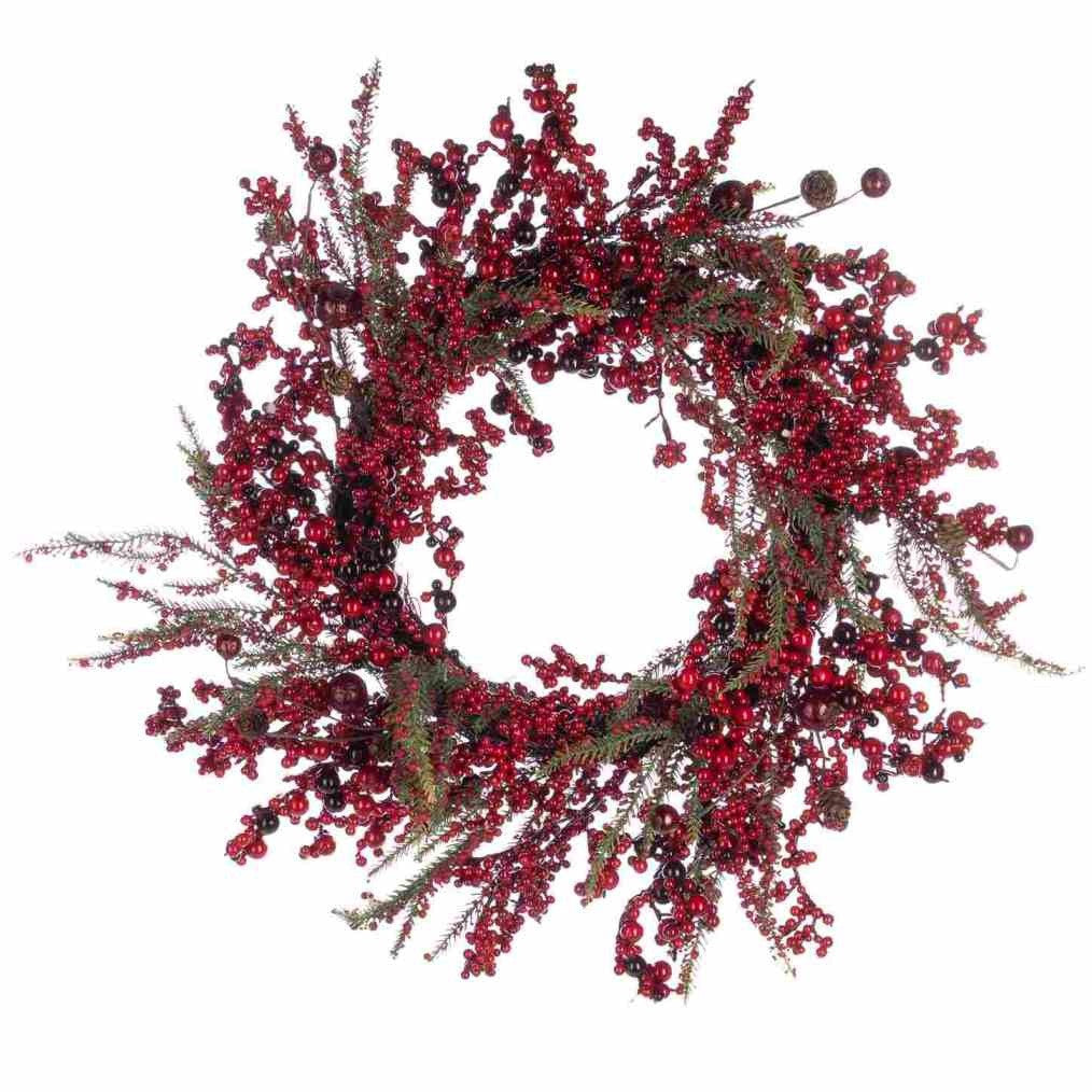 Coroa de folhas e bagas vermelhas 65cm