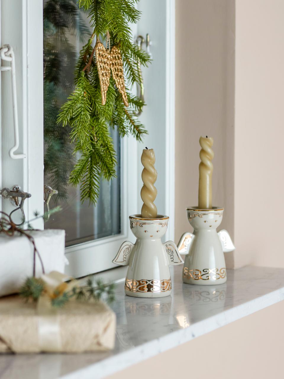 Set 2 Candelabros Anjos 11×12cm Branco e Dourado